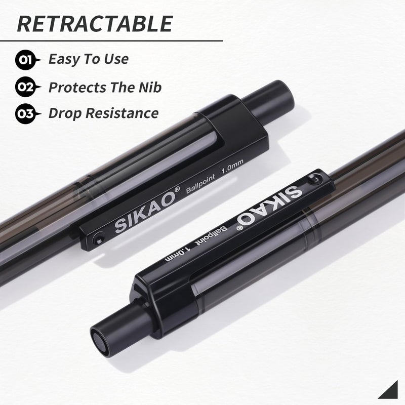 Sikao Black Pens Bulk, 60 Pack Retractable Ballpoint Pens, Black Ink 1.0mm Medium Point, Smooth Writing No-Smear, Click Pens for Teachers, Students, Restaurant Servers, School & Office Supplies - Image 4